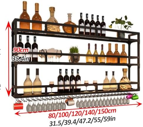 ZYYLIVR LED Wall Mounted Wine Rack - 3 Tier Metal Bar Shelf, Wine Glass Holder & Liquor Bottle Display, Stylish Stemware Goblet Organizer for Home Cellar (Black, 31.5x35.4in)