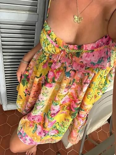 Image of ROAONOCOMO Women Boho Graffiti Cami Mini Dress Spaghetti Strap Printed A Line Short Dress Cute Colorful Sundress