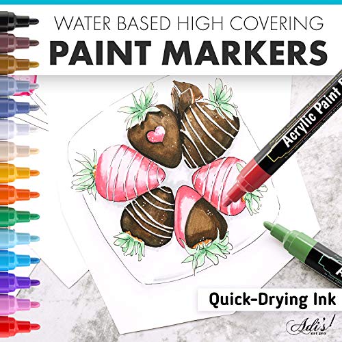 Acrylic Paint Pens for Rocks Painting Ceramic, Wood, Glass Canvas, Water Based. Set of 15 Acrylic Paint Markers by ADIS&GUYS (Medium Tip)