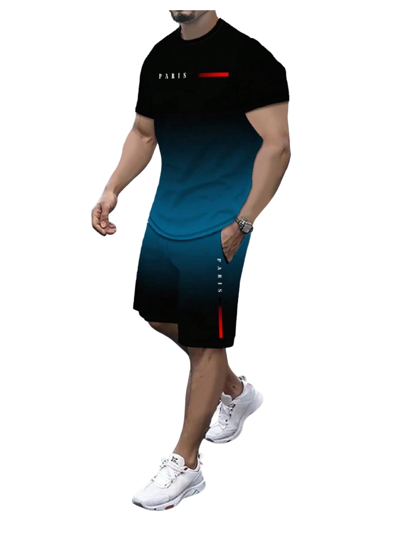 GORGLITTER Men's Summer Cruise Outfits 2 Piece Ombre Graphic Short Sleeve Tee Top Drawstring Shorts Sets Tracksuit