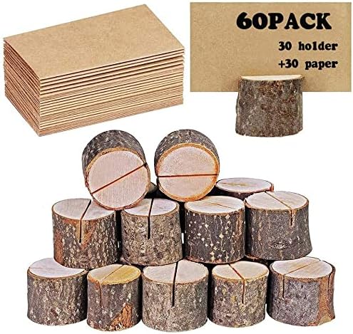 Place Card Holders, Rustic Real Wood with Wooden Bark Table Card Holder, Number Photo Stand Place Name Memo Card Holder for Wedding Party (30 Holders+30 Kraft Paper)
