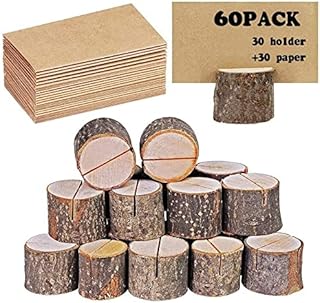 Place Card Holders, Rustic Real Wood with Wooden Bark Table Card Holder, Number Photo Stand Place Name Memo Card Holder for Wedding Party (30 Holders+30 Kraft Paper)