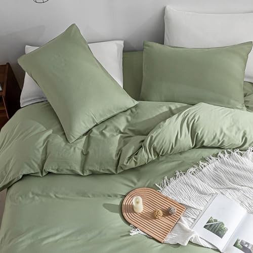 Image of JELLYMONI Light Green Duvet Cover Full Size - 100% Washed Cotton Linen Like Textured Comforter Cover, 3 Pieces Breathable Soft Bedding Set with Zipper Closure (Light Green, Full 80 inchx90 inch)