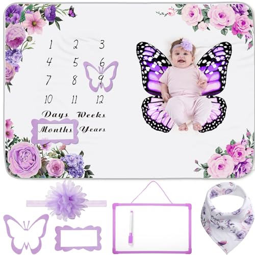 Image of Chumia 6 Pcs Baby Monthly Milestone Blanket for Girl 60" x 40" Butterfly Milestone Blanket Age Photo Photography Backdrop with Newborn Calendar Growth Chart Bib Headband(Purple,Butterfly Pattern)