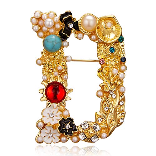 BELLA-Bee Pearl Initial Letter Brooch Gold Plated Pins Crystal Rhinestone Alphabet Breastpin Pin for Women Gifts Jewelry (D)