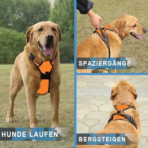 Voarge Hundegeschirr Grosse Hunde, Anti Zug Geschirr Hund mit Kontrolle, Verstellbare Weste Hundegeschirre, mit einfach zu bedienendem Griff für Training oder Spaziergänge (Orange, L)
