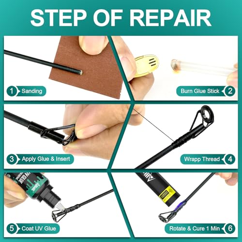 Ailiaili Fishing Rod Tip Repair Kit, Complete Supplies for Fishing Pole Tip Replacement with 10 Sizes Top Eyelets, Glue, UV Flashlight, Wrapping Thread, Easy & Quick Repair Broken Fishing Rod Tip