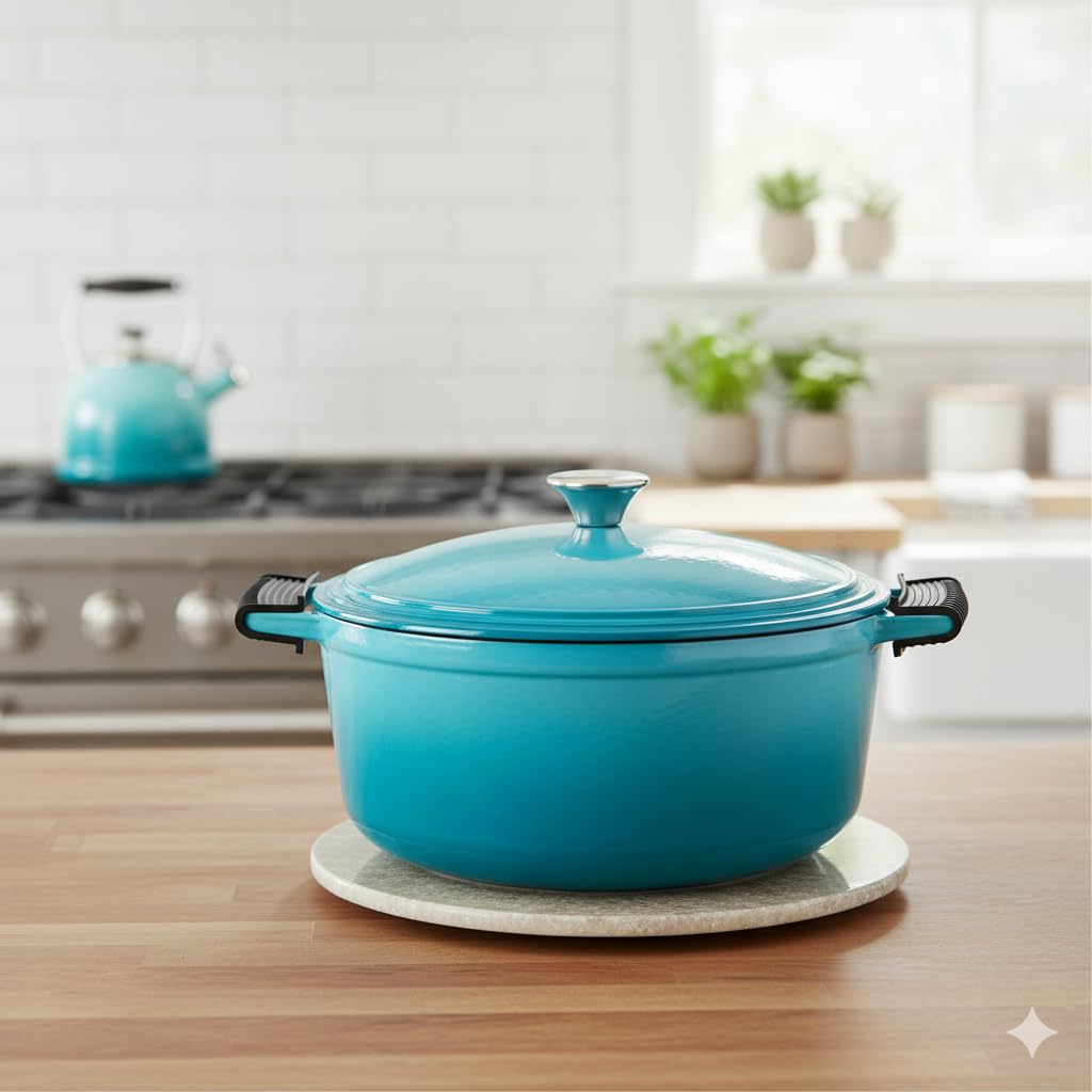 The Better Home Rustic Series Cast Iron Dutch Oven (3.5L) | Christmas Gifts | Enamel Coated Biryani Handi Pot Heavy Bottom | Handi With Lid For Cooking | Rust Proof Iron Pot (Blue)