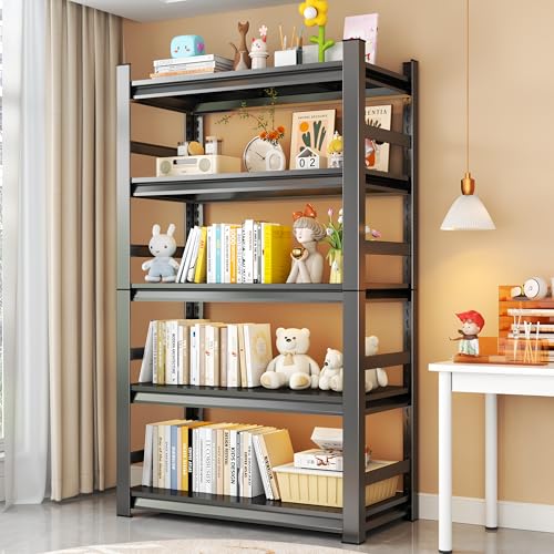 SFTORMAS Metal Bookcases, Industrial Style Bookcase with Steel Frame, Heavy Duty Open Storage Shelf for Living Room Home Office Study, Black (Black, 5 Tiers 88" H x 47.2" W x 23.6" D)