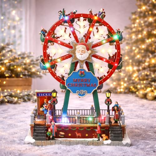 MOMENTS IN TIME Christmas Village Ferris Wheel Animated Musical Carnival Ride Decoration with LED Lights Movement Holiday Centerpiece Adapter Hand Painted Polyresin Dcor (14.7H) Classic Carols