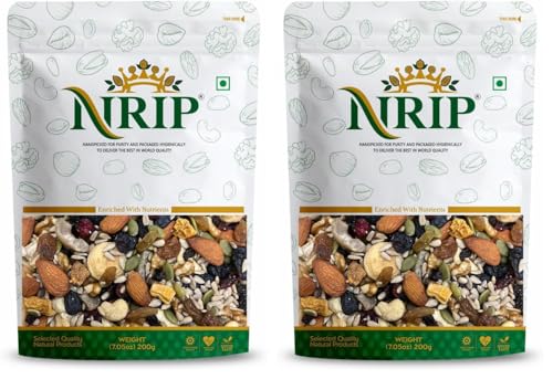 Image of NRIP Healthy Nutmix 200 Gm, Dried Almonds, Black Raisins, Cashewnuts, Cranberries, Raisins, Walnuts, Dates, Apricot, Amla, Abjosh Munakka, Pumpkin seeds & Sunflower seeds (Pack of 2)