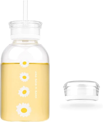 WHJY Linda botella de agua de 16 onzas, botella de agua de vidrio mate con pajilla, botella de agua de vidrio de jugo de leche con escala, con 2 WHJY Linda botella de agua de 16 onzas, botella de agua de vidrio mate con pajilla, botella de agua de vidrio de jugo de leche con escala, con 2