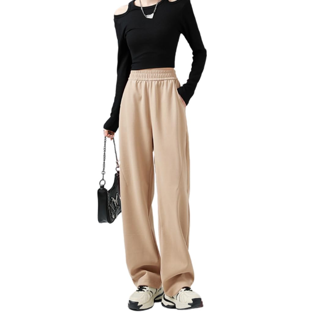 Womens High Waisted Pants Elastic Straight Leg Casual Flowy Trousers with Pockets