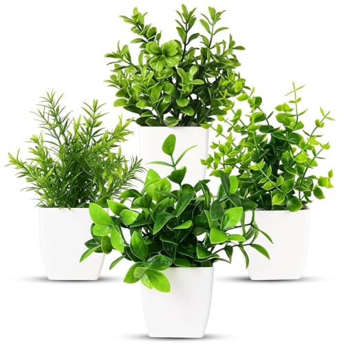 JazRvr Künstliche Pflanzen mit Topf Kleine Topfpflanze 4 Stück Kunstpflanze Grünpflanzen Dekor Plastik Pflanzen Indoor Dekor für Büro Haus Balkon Wohnzimmer Badezimmer (4, Weißer Topf)