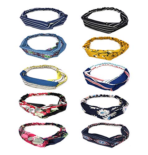 10 Pack Chiffon Headbands Boho Headbands for Women Girls Criss Cross Elastic Hair Band Twisted Head Wrap Vintage Flower Printing Hair Accessories Bohemian Floral Style