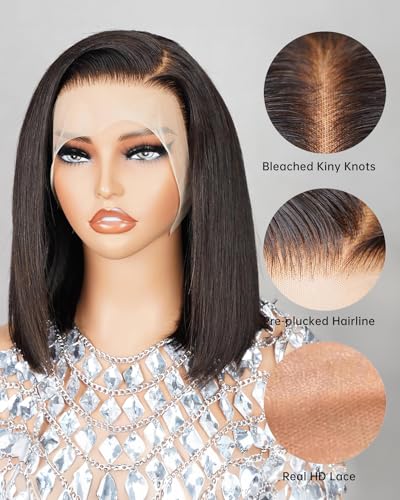 MEGALOOK 13x4 HD Lace Front Wigs Bob Wig Human Hair For Black Woman Upgraded Pre Plucked Bleached Tiny Knots Wig 200% Brazilian Virgin Human Hair Natural Black Color 10 Inch - Image 2