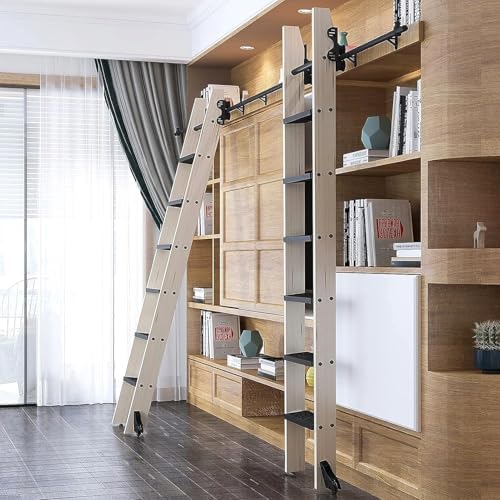 3.3ft-20ft Adjustable Sliding Library Ladder Track Kit, Metal Bracket with Retractable Pulley & Floor Roller Wheels, DIY Mobile Ladder Hardware System (19.7ft/600cm)