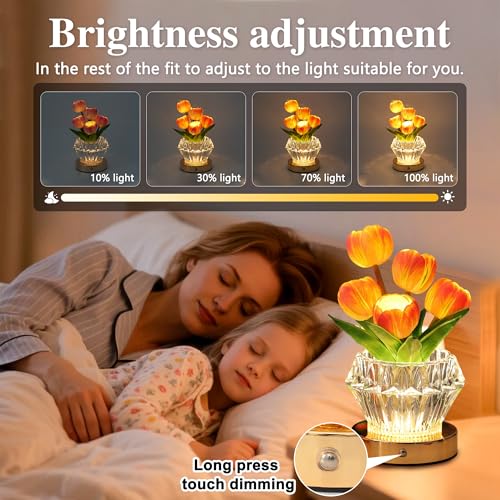 Image of Tulip Flower Lamp with Diamond Vase, 3 Color LED Night Light, Dimmable Touch Control, Artificial Floral Decor for Bedroom Bar Coffee Shop Wedding Birthday Gifts for Women Christmas Valentine Day