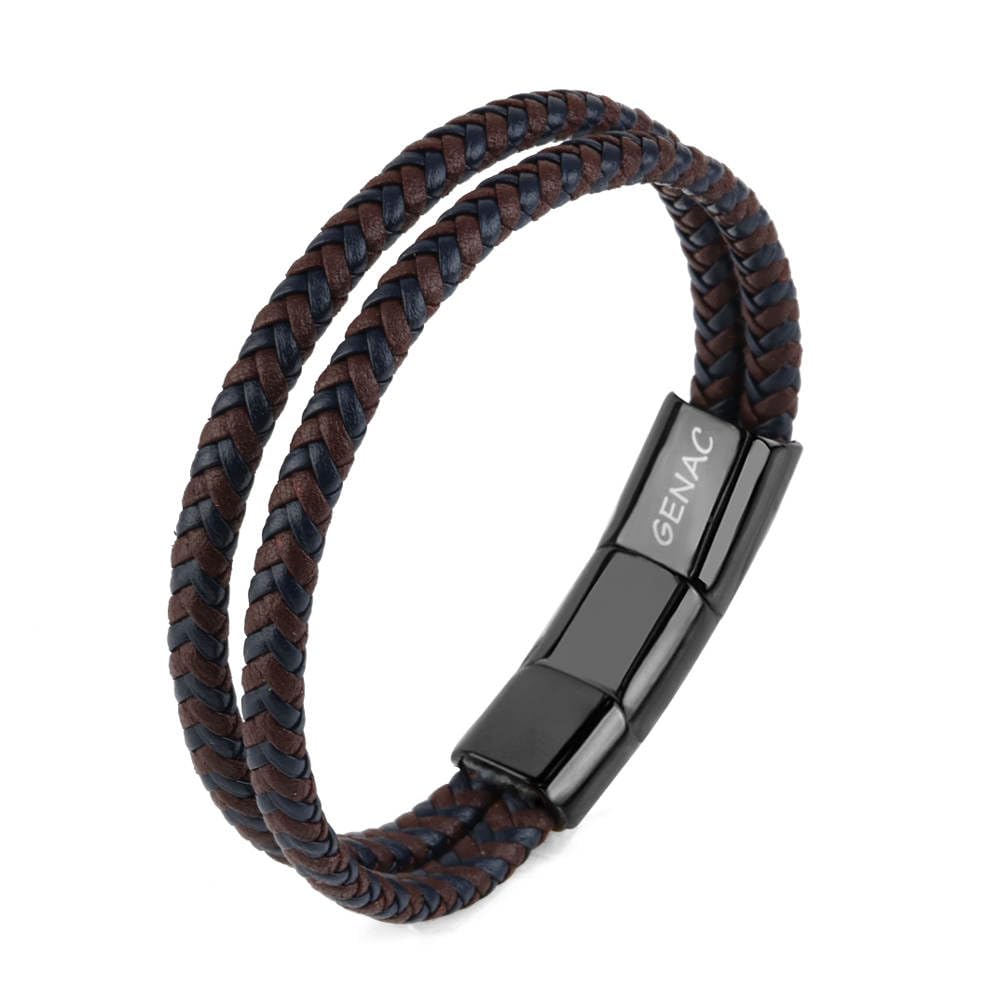 genac Pulsera doble para hombre, de piel auténtica, trenzada, marrón y azul, con cierre magnético extraíble de acero inoxidable, para ajustar fácilmente la longitud.