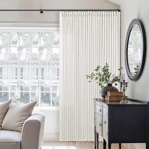 Image of Beige White 70 Inch Wide Curtains 96 Inches Long for Living Room Light Filtering Semi Sheer Farmhouse Pleated Curtain with Hooks Rings for Patio Sliding Door Dining Room Large Window 1 Panel 70x96