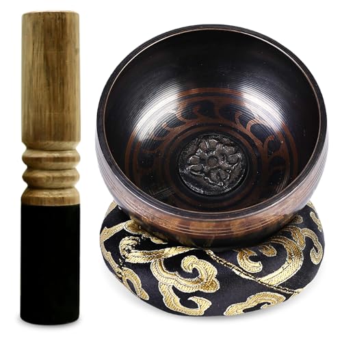 PRITOK Tibetan Singing Bowl Set for Meditation and Yoga: Handcrafted Sound Bowl with Leather Clapper & Cushion, Chakra Healing Stress Relief Spiritual Gifts, Black Cushion (8 cm)
