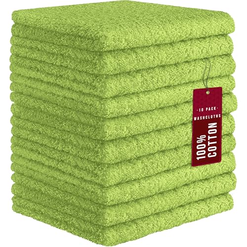 Image of DecorRack 10 Pack 100% Cotton Wash Cloth, Luxurious Soft, 12 x 12 inch Ultra Absorbent, Machine Washable Washcloths, Green (10 Pack)