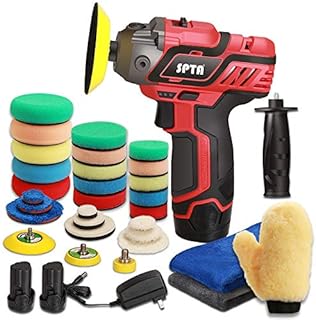 SPTA Poliermaschine, 12V Akku 1.5 Ah Polierer Auto Schleifmaschine Set Profiset Auto Politur Set mit 2tlg Batterie, 27tlg Polierschwamm Pollierpad, Polierfell,Polierteller für Auto KFZ Boot