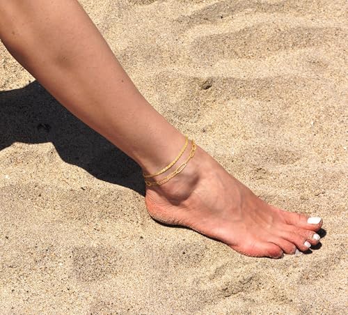 Image of Freekiss Sterling Silver Ankle Bracelets for Women: Dainty Layered Waterproof Anklet for Women Adjustable Womens Anklet Set Stackable Figaro Beaded Cuban Link Anklets Beach Jewelry for Women