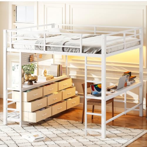 Image of Bellemave Queen Size Loft Bed Frame with Desk and Storage Drawers,White