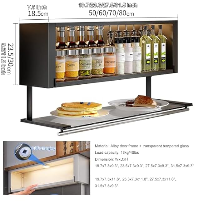 Kitchen Organizer Spice Rack,Kitchen Stretch Spice Cabinet, 2 Tier Pull Out Cabinet Organizer, Drop Down Spice Rack with Sensor Light, Undershelf Rac, Hold Up to 44Lbs,