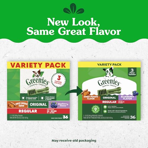 Image of Greenies Regular Dental Dog Treats Flavor, Variety Pack, 36 Count | Veterinarian-recommended, Original, Blueberry, Sweet Potato flavors, (3) 12 oz. packs, for dogs 25-50 lbs, freshens breath