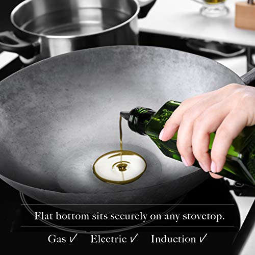 Mammafong Flat Bottom Carbon Steel Wok Pan - Authentic Hand Hammered Woks And Stir Fry Pans - 14" Pow Wok #TOP3