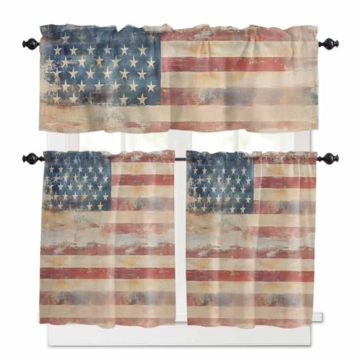 Retro American Flag Kitchen Curtains 36 Inch Length, 3 Piece Rod Pocket Small Half Tiers and Valance Set, Rustic Star and Stripes US Flag Small Large Window Treatment Decor for Bedroom/Bathroom Sink