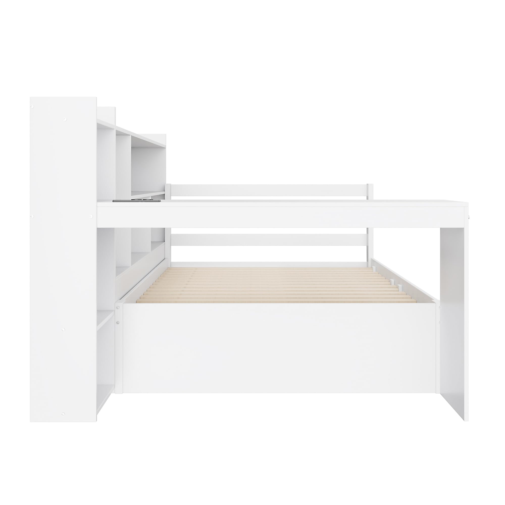 Dolamaní Letto da giorno, 90 x 200 cm, con scrivania, scaffali, ripiani e 2 grandi cassetti, letto funzionale (bianco)
