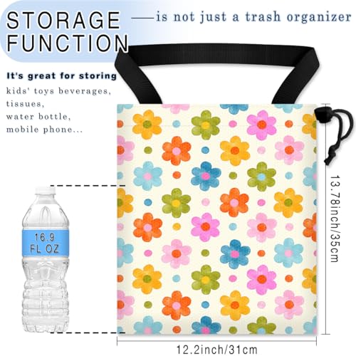 Image of Car Trash Bag Hanging Back of Seat Waterproof Small Cute Printed One-Handed Strap Drawstring Garbage Bags for Car-Flower