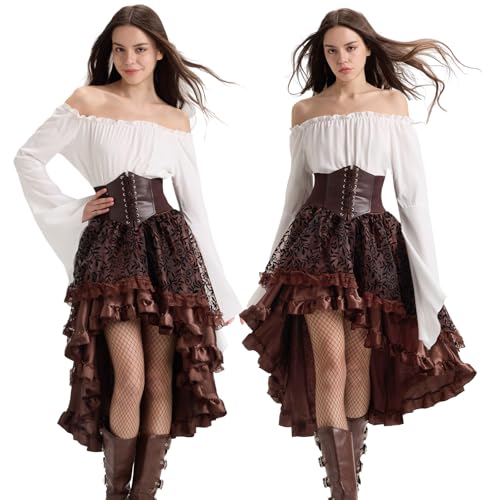 Charmofun Mittelalter Piratenkostüm Damen, Mittelalter Kleidung Damen mit Off Shoulder Bluse, Piraten Corsett, Renaissance Viktorianisches Kleid für...