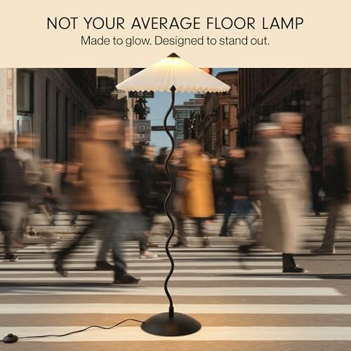 Image of FIG Living Wavy Floor Lamp (Off-White) | 140 cm Tall Handpleated Lampshade with Sturdy Metal Base | Lamp for Living Room Decoration, Cafe & Restaurant | Minimalist Style Standing Lamp | (No Bulb)