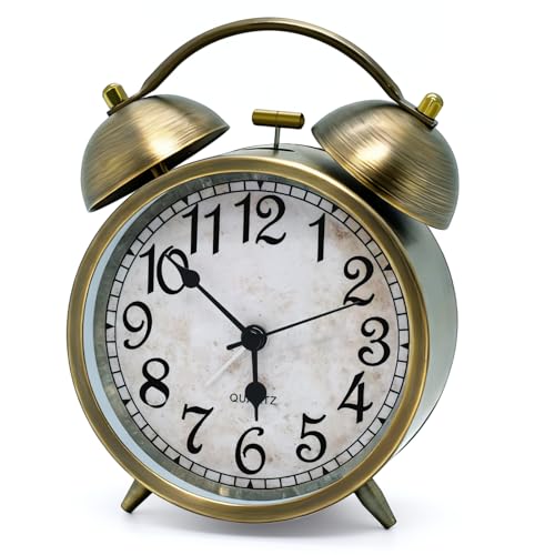 Vintage Twin Bell Alarm Clock - 4.5'' Silent Non-Ticking Analog Desk Clock, Antique Brass Finish, Retro Table Clock for Bedroom, Office & Home Decor, Battery Operated Loud Alarm for Heavy Sleepers ﻿