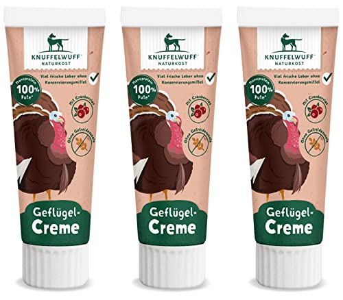 Knuffelwuff Tuben Snack Hunde Leckerlis Pute 3er Pack - mit extra viel frischem Fleisch - ohne Konservierungsmittel, ohne Zusatz von Zucker und Getreide - Ideal auch für Welpen - Made in Germany