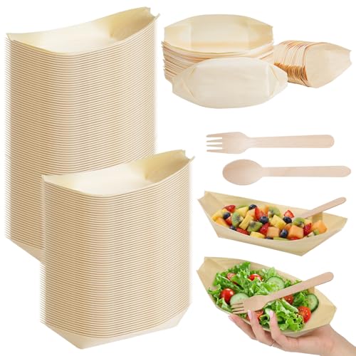 Bokon 600 Pcs 8.5 Large Disposable Bamboo Boat Plates Forks Spoons Appetizer Wooden Leaf Boat Plates Sushi Serving Tray Food Dishes Container Bowls for Catering Home Picnic Wedding Holiday Party