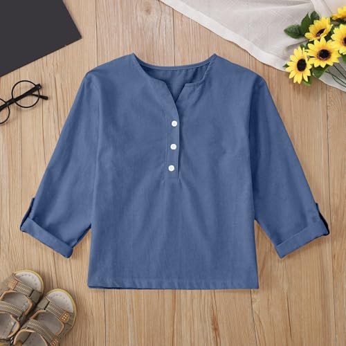 Girls Cotton Linen Short Sleeve Henley Shirts Casual Flowy Loose Fit Dressy Tops Basic Button up Trendy Kids Teens Blouses3