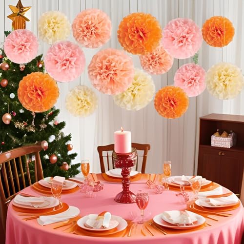 Image of XIKSXITN 12 pcs Orange Paper Pom Poms Decorations for Party in 2 Colors,Ceiling Hanging Tissue Paper Flowers Decorations (8&10&12 inch)