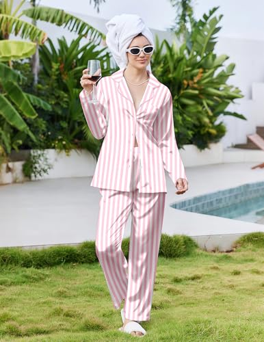 Image of Ekouaer Pajamas For Women Set Silk Pjs 2 Piece Satin Sleepwear Long Sleeve Button Down Lounge Sets With Pant