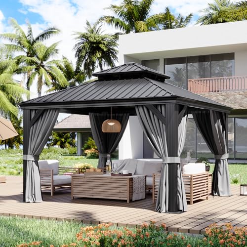 Aoxun 12' X 12' Hardtop Gazebo with Drainage System, Aluminum Outdoor Gazebo with Galvanized Steel Double Roof, Patio Permanent Metal Pavilion with Netting, for Garden, Deck, Backyard, Grey