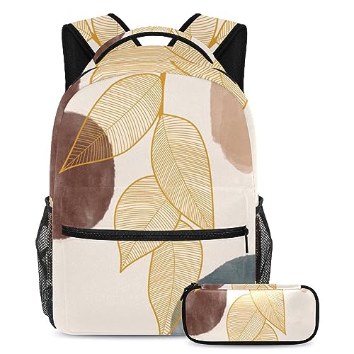Sac à dos grande capacité avec trousse imprimé feuilles pour élève et adulte