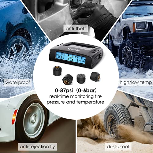 Tymate Tire Pressure Monitoring System With Solar Charge, M7-3 Pro Tpms With 5 Alarm Modes, Auto Backlight ＆ Smart Lcd Display, Auto Sleep Mode, With 4 External Tpms Sensor (0-87 Psi) #TOP5