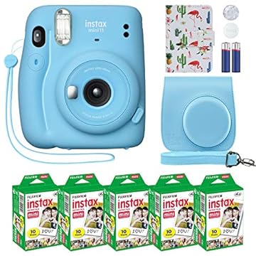Fujifilm Instax Mini 11 Câmera Instantânea Azul Céu + Capa Personalizada Filme Fuji Pacote econômico (50 folhas) Álbum de Fotos Flamingo Designer para fotos Instax