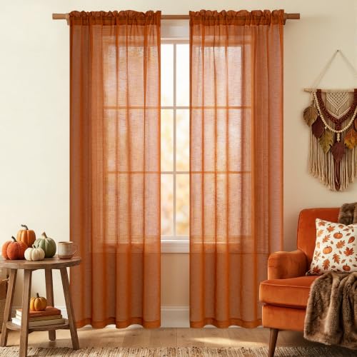 Mrs.Naturall Burnt Orange Sheer Curtains 84 Inches Long, Boho Slight Linen Textured Retro Mid Century Modern Light Filtering Hippie Bohemian Curtains for Bedroom Living Room 2 Panels