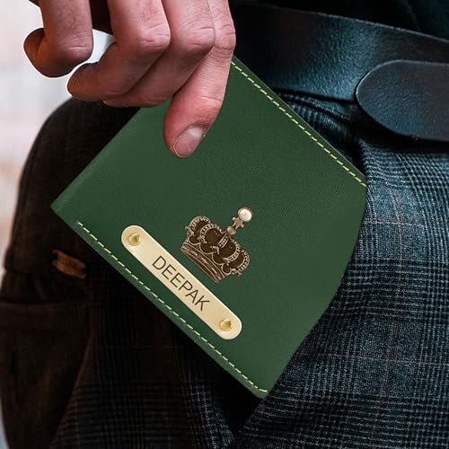 Image of The Wallet Store Personalised Leather Wallet for Men | Customised with Name and Charms | Best Gift for Husband, Boyfriend, Brother | for Anniversary, Birthday, Etc. (Green)
