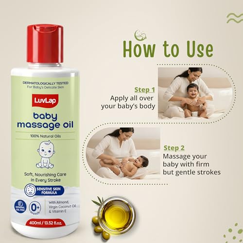 Image of LuvLap Baby Massage Oil with Almond, Virgin Coconut Oil & Vitamin E, Deep Nourishing, Skin Repair & Relaxation, Ayurvedic Non-Sticky Oil for Soft New Born Skin, 100% Natural, Derma Safe, 400ml